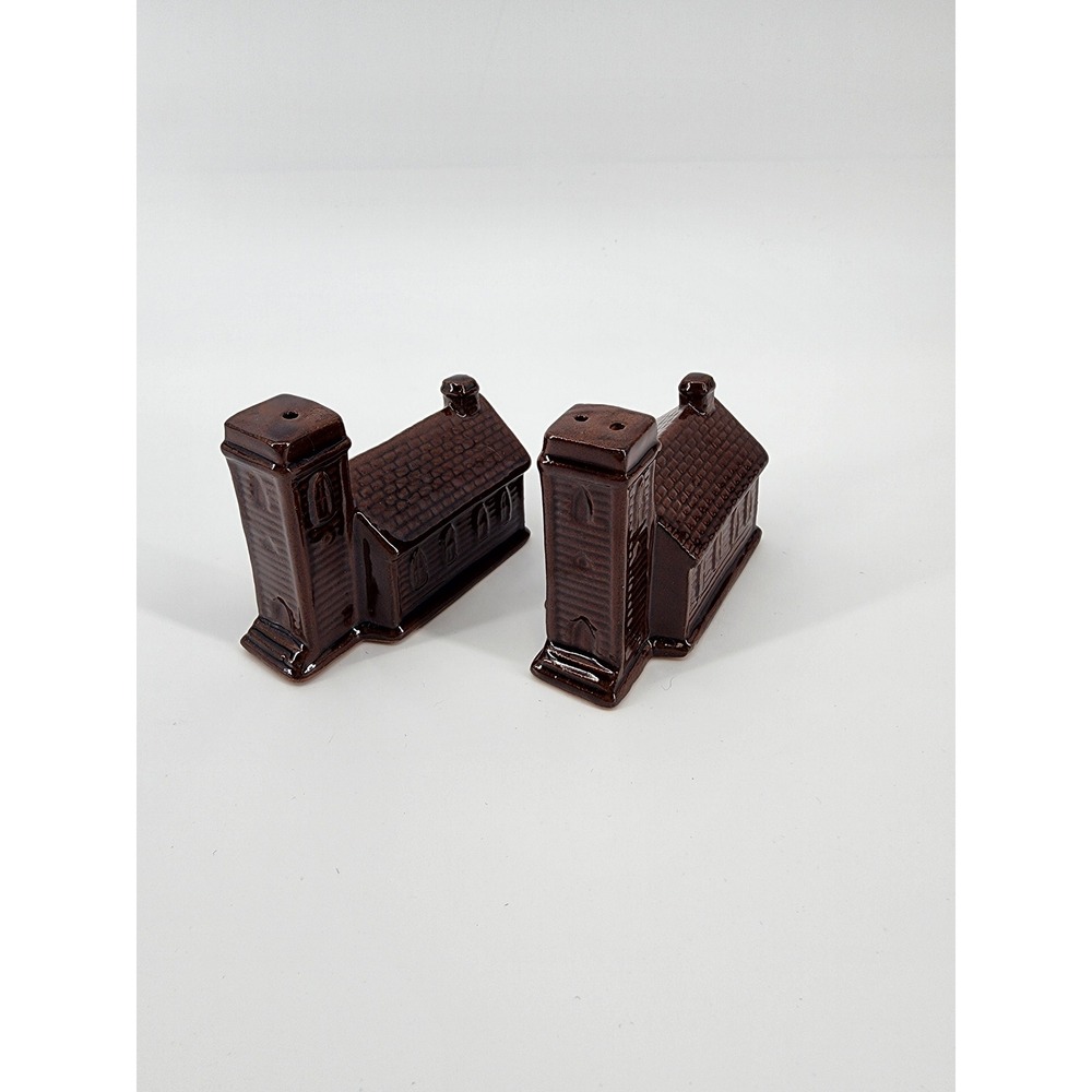 Vintage Brown Glazed Ceramic Church Chapel Salt and Pepper Shakers Set